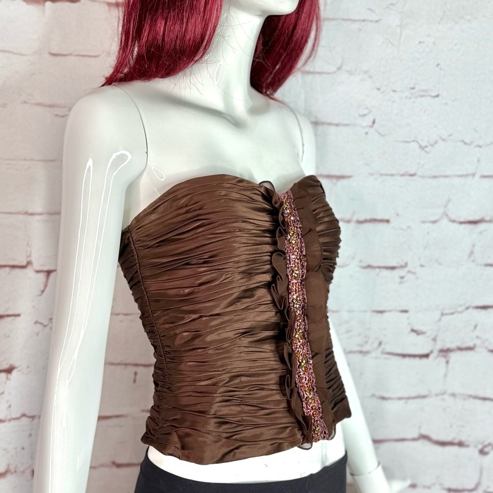KAY UNGER Brown Ruched 100% Silk Bustier Corset Embellished Ruffle Size 4 - Picture 2 of 16